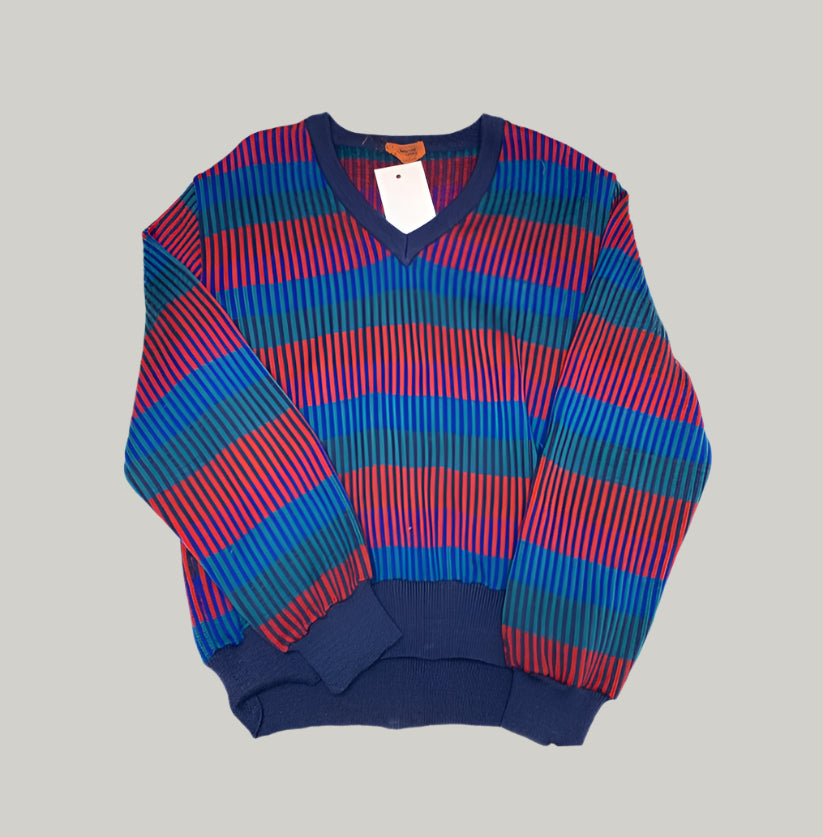 Multicolored striped sweater on a plain background