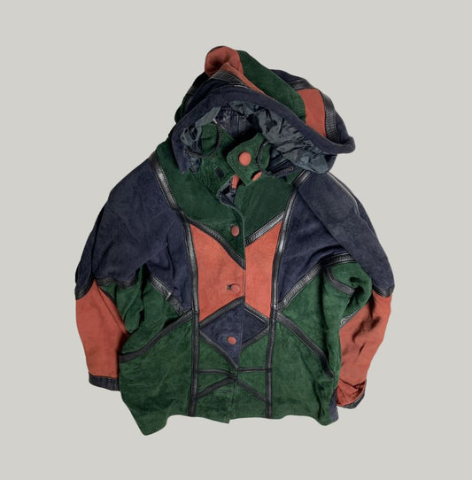 Vintage Patchwork Suede Hooded Coat