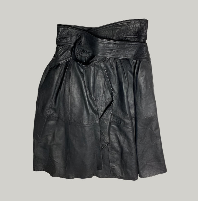 Black Leather Pleated Skirt with Belt
