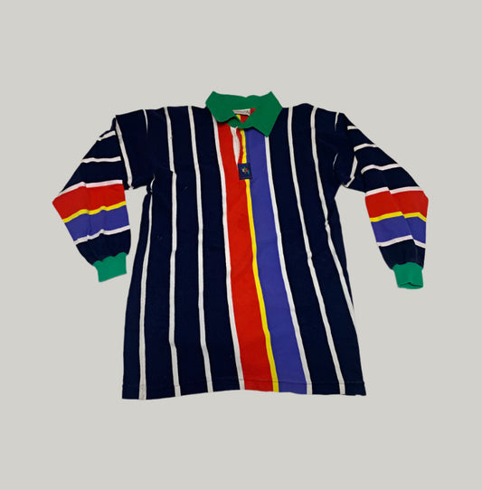 Striped shirt with colorful accents on a light gray background