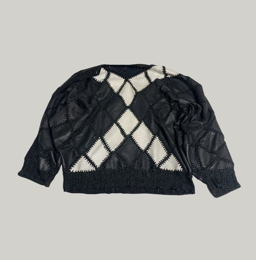 Black and White Leather Patchwork Argyle Sweater