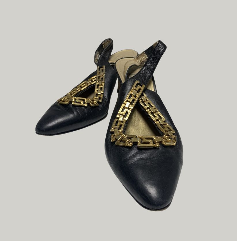 Gianni Versace Black Leather & Gold Medusa Slingback Heels