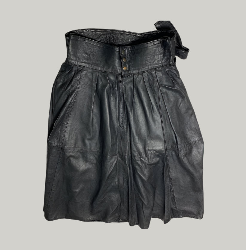Black Leather Pleated Skirt with Belt