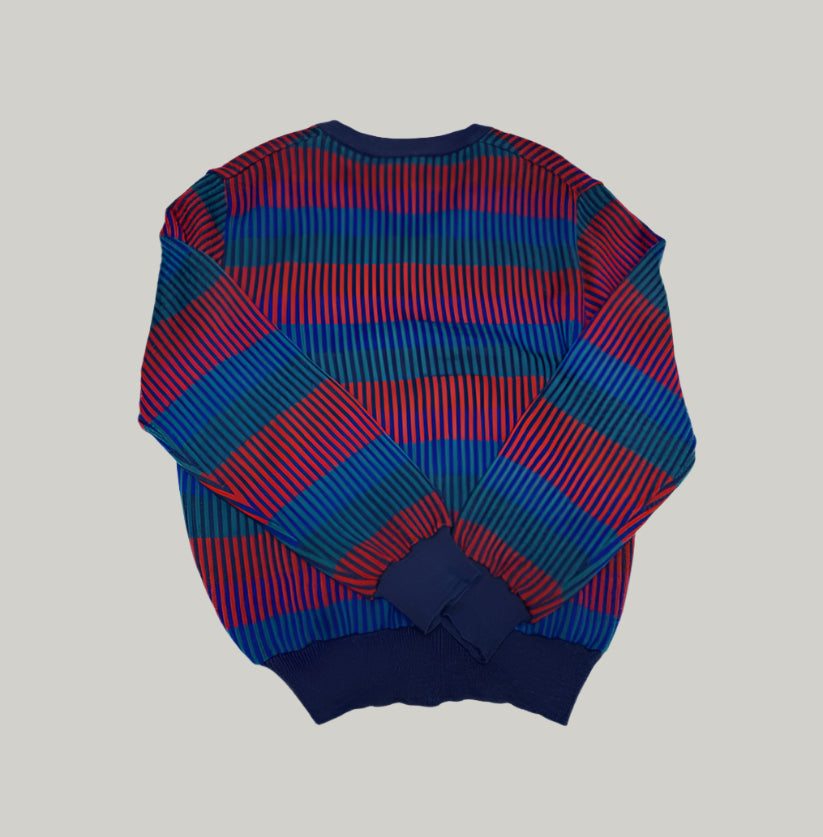 Red and blue striped sweater on a white background