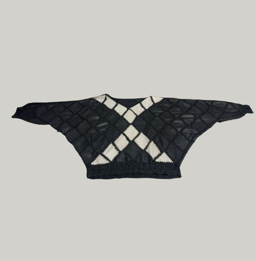Black and White Leather Patchwork Argyle Sweater