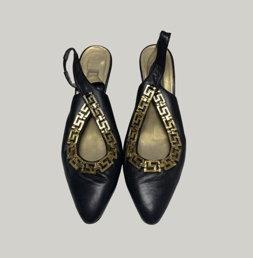 Gianni Versace Black Leather & Gold Medusa Slingback Heels