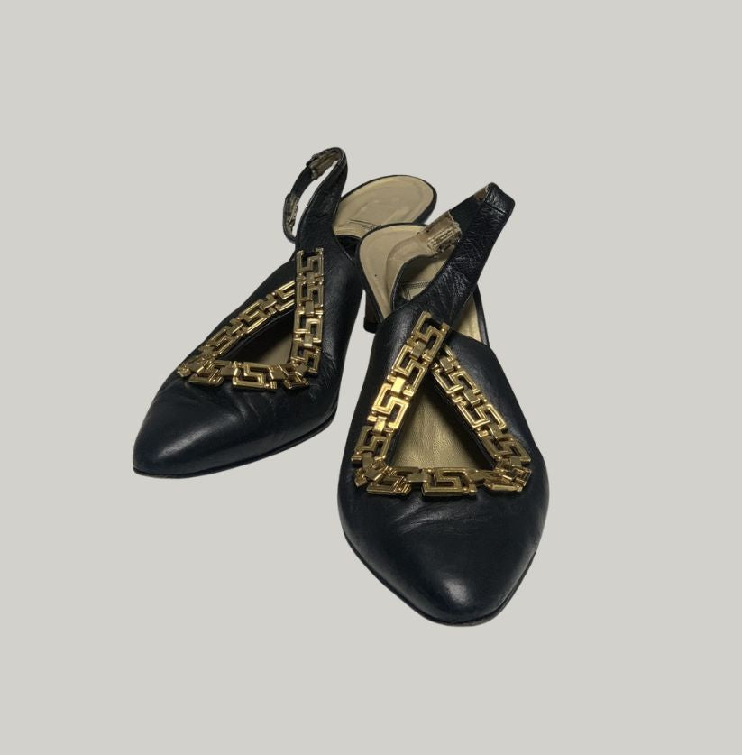 Gianni Versace Black Leather & Gold Medusa Slingback Heels