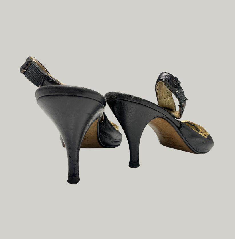 Gianni Versace Black Leather & Gold Medusa Slingback Heels