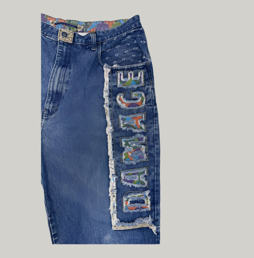 Rare Damage Colorful Ripped Blue Jeans