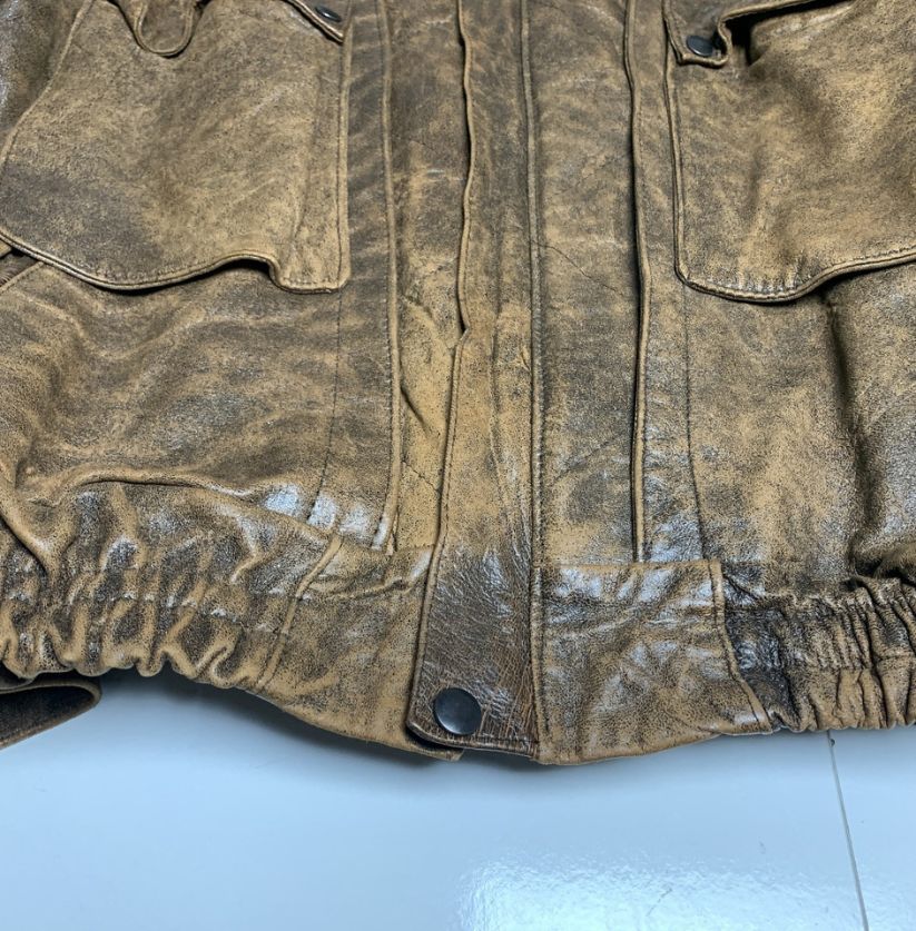 90s Distressed Brown Real Leather Bomber Jacket
