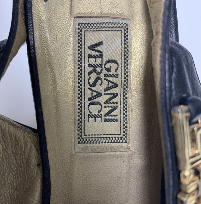 Gianni Versace Black Leather & Gold Medusa Slingback Heels