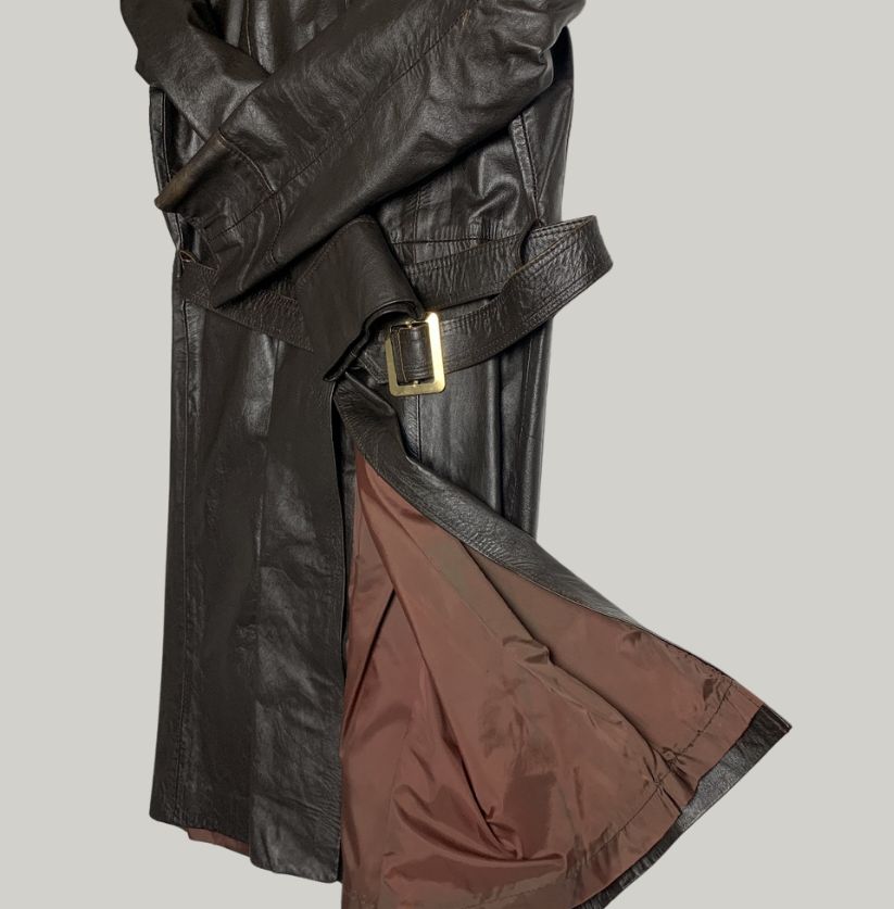 Vintage Dark Brown Real Leather Trench Coat
