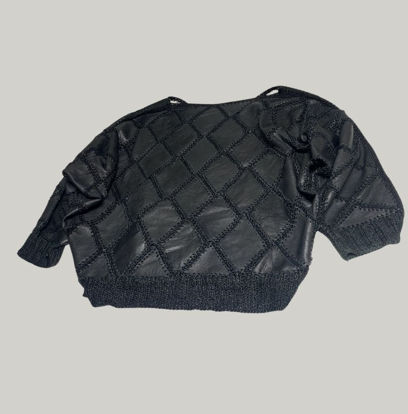 Black and White Leather Patchwork Argyle Sweater