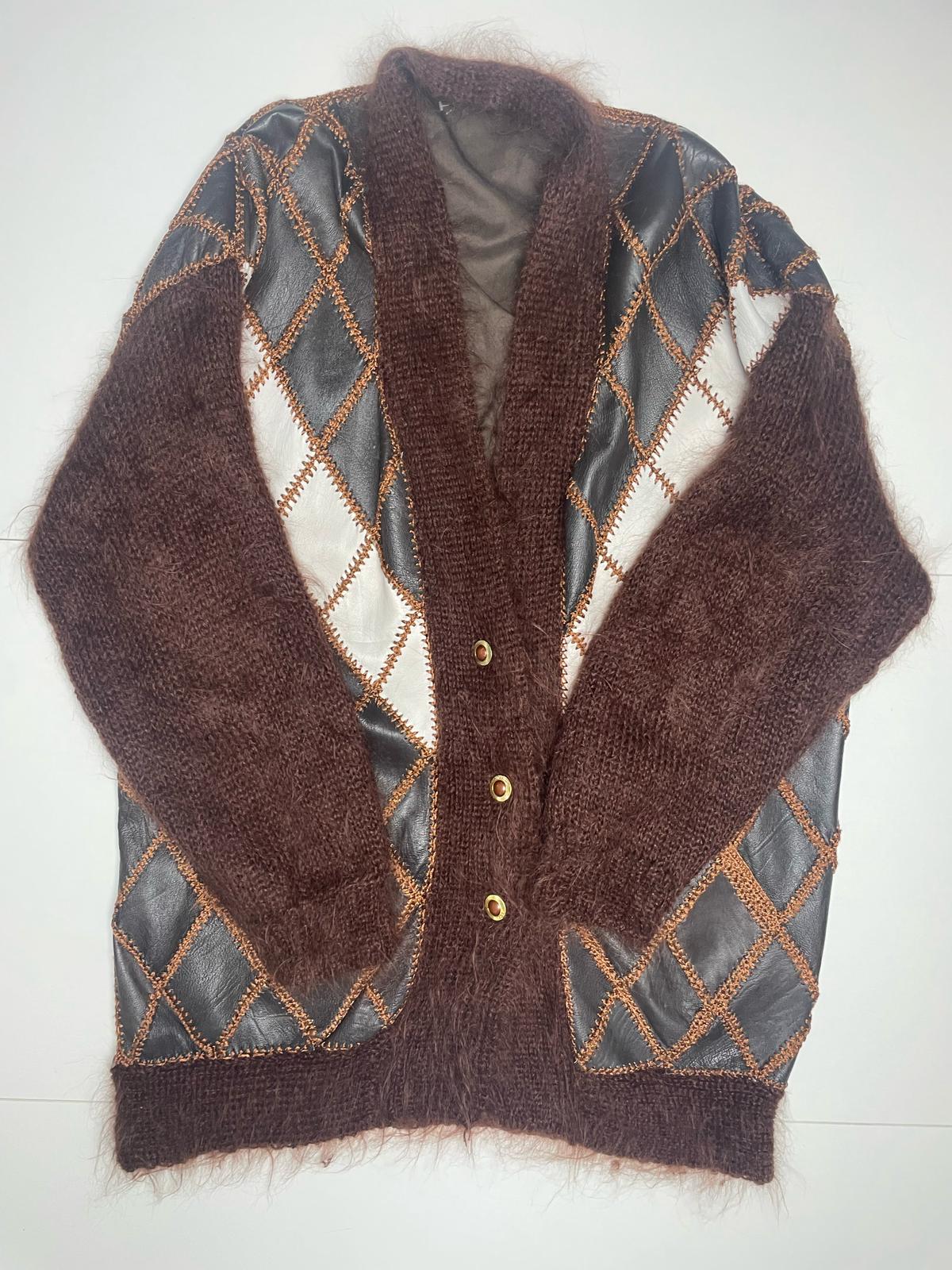 Elegant Vintage Knit Women’s Brown Mohair & Leather Cardigan