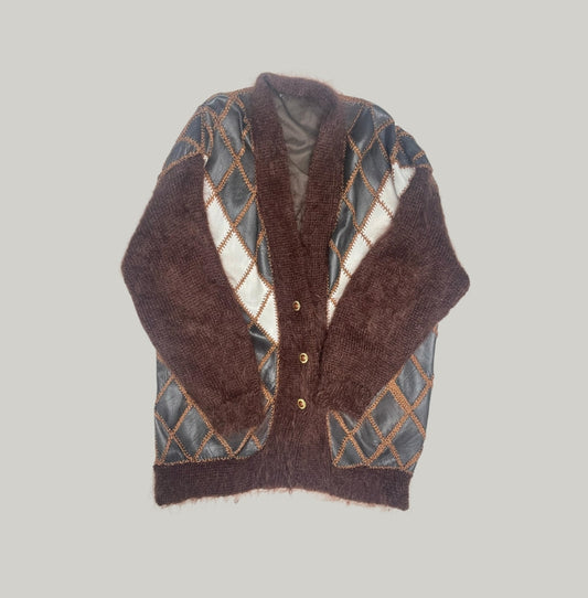 Elegant Vintage Knit Women’s Brown Mohair & Leather Cardigan