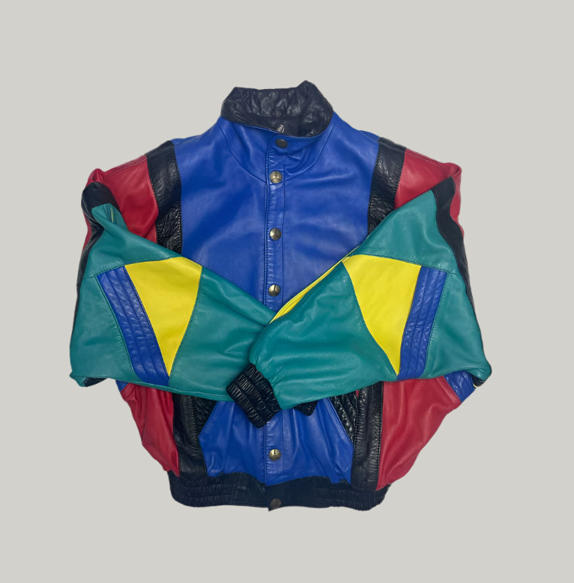 Vintage 90s Colorful Bomber Leather Jacket