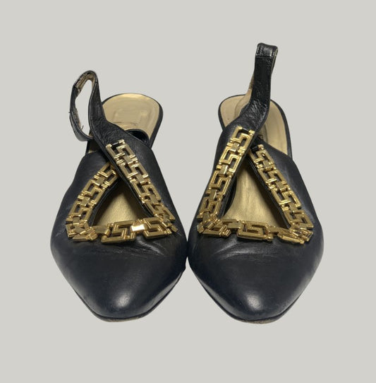 Gianni Versace Black Leather & Gold Medusa Slingback Heels