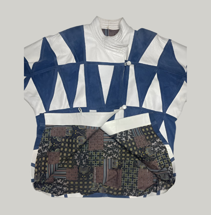 Retro 90s Vintage Blue & White Leather and Suede Biker Jacket