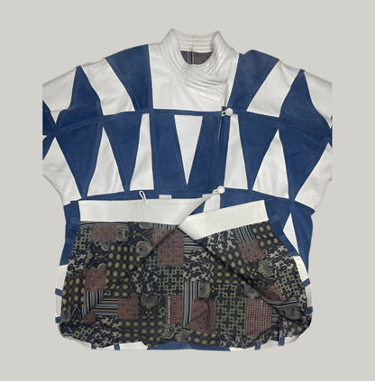 Retro 90s Vintage Blue & White Leather and Suede Biker Jacket