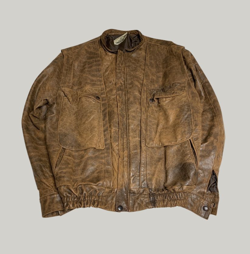 90s Distressed Brown Real Leather Bomber Jacket