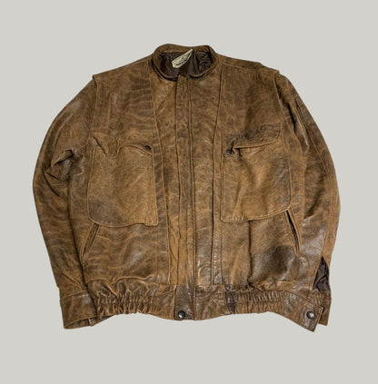 90s Distressed Brown Real Leather Bomber Jacket