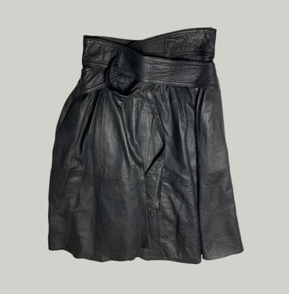 Black Leather Pleated Skirt with Belt
