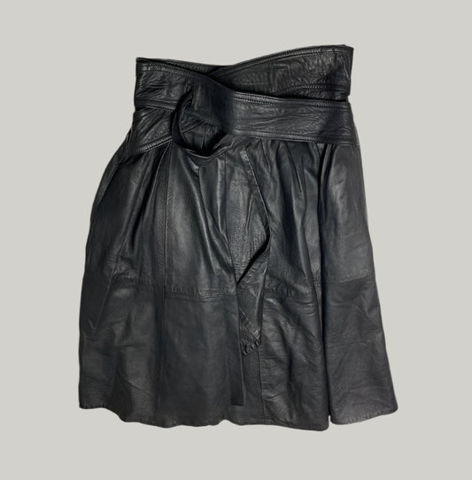 Black Leather Pleated Skirt with Belt