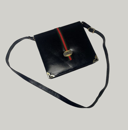 Gucci Black Leather Handbag with Red & Green Web Stripe