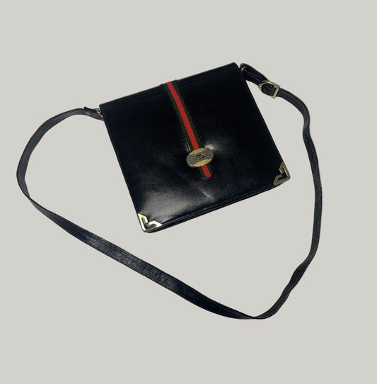 Gucci Black Leather Handbag with Red & Green Web Stripe