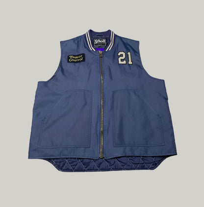 Blue vest with brand logo and number on a light background