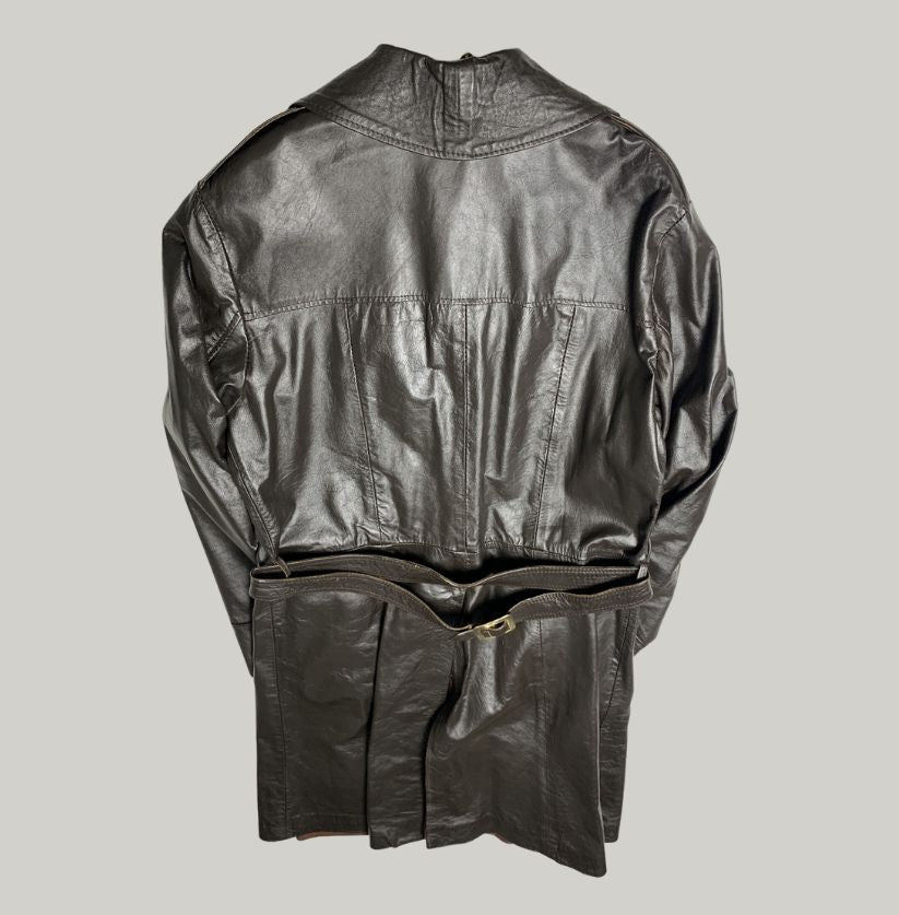 Vintage Dark Brown Real Leather Trench Coat