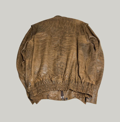 90s Distressed Brown Real Leather Bomber Jacket