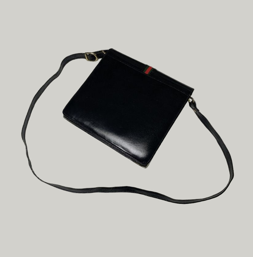 Gucci Black Leather Handbag with Red & Green Web Stripe