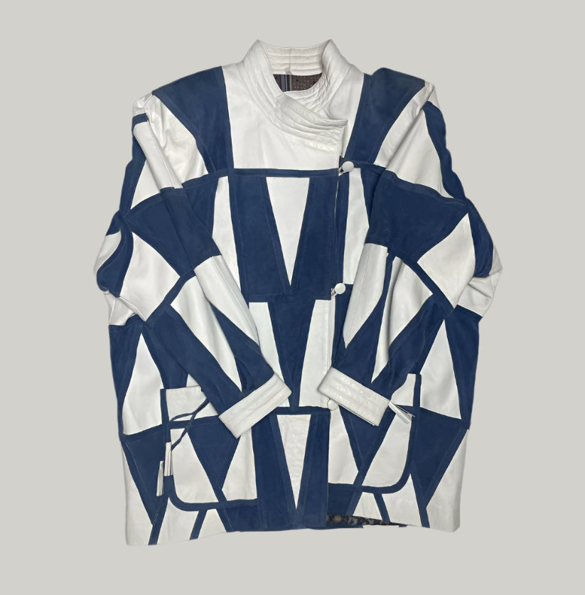 Retro 90s Vintage Blue & White Leather and Suede Biker Jacket