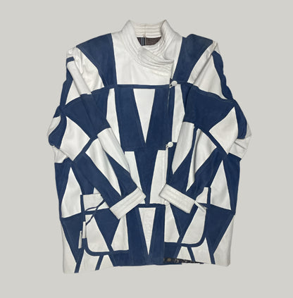 Retro 90s Vintage Blue & White Leather and Suede Biker Jacket