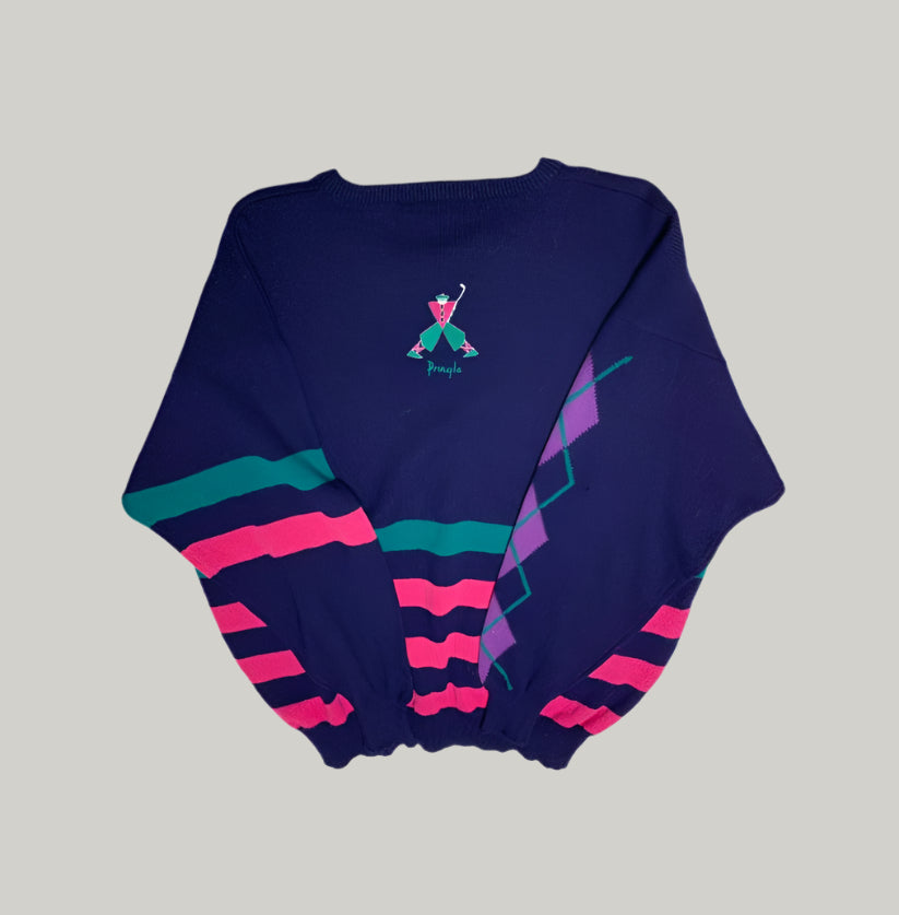 Navy blue sweater with colorful stripes on a white background