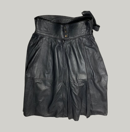 Black Leather Pleated Skirt with Belt