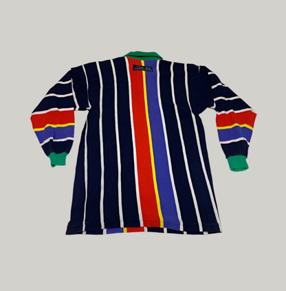 Striped long-sleeve shirt with colorful sleeves on a light background