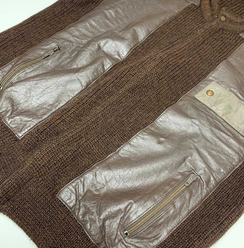 Vintage Brown Knit and Leather Hybrid Cardigan