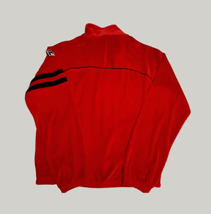 Red jacket with black accents on a light gray background