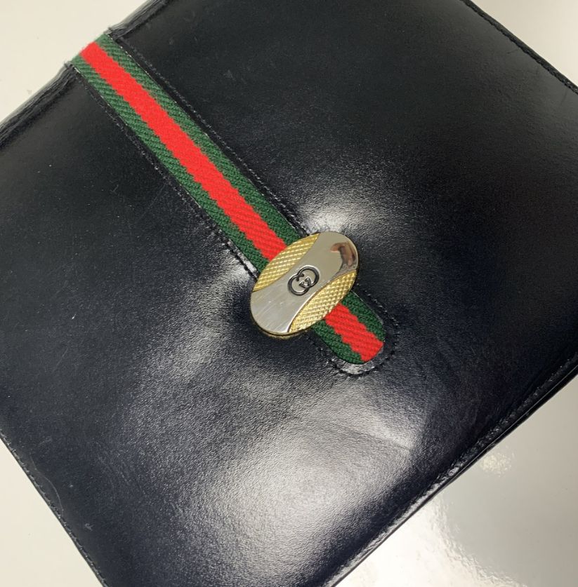 Gucci Black Leather Handbag with Red & Green Web Stripe