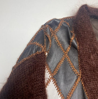 Elegant Vintage Knit Women’s Brown Mohair & Leather Cardigan