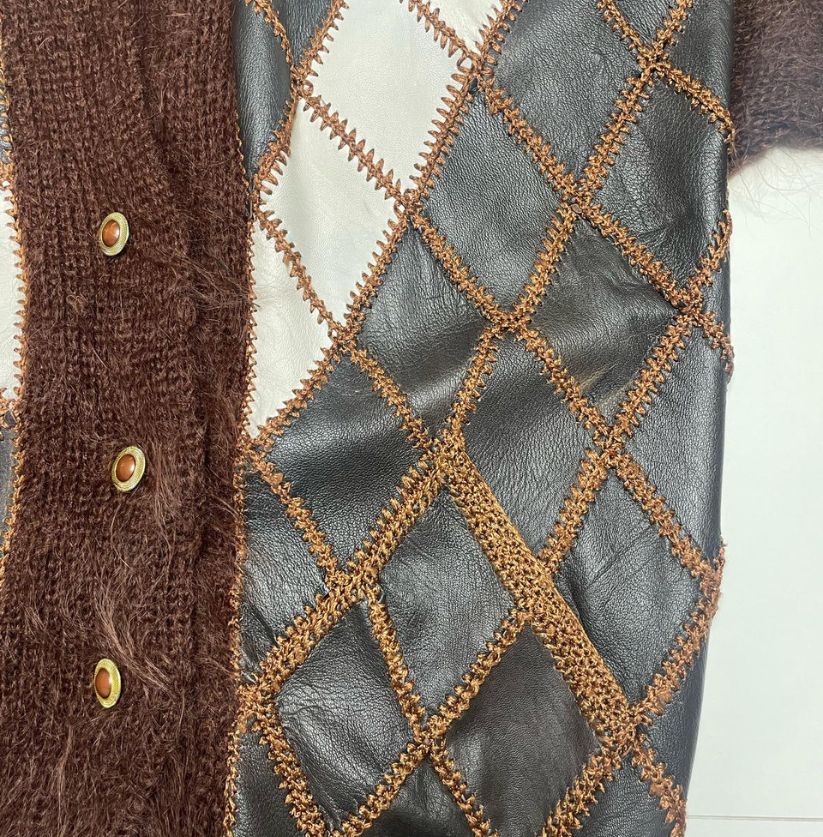 Elegant Vintage Knit Women’s Brown Mohair & Leather Cardigan