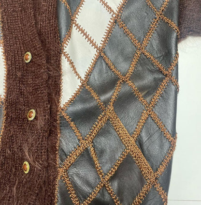 Elegant Vintage Knit Women’s Brown Mohair & Leather Cardigan