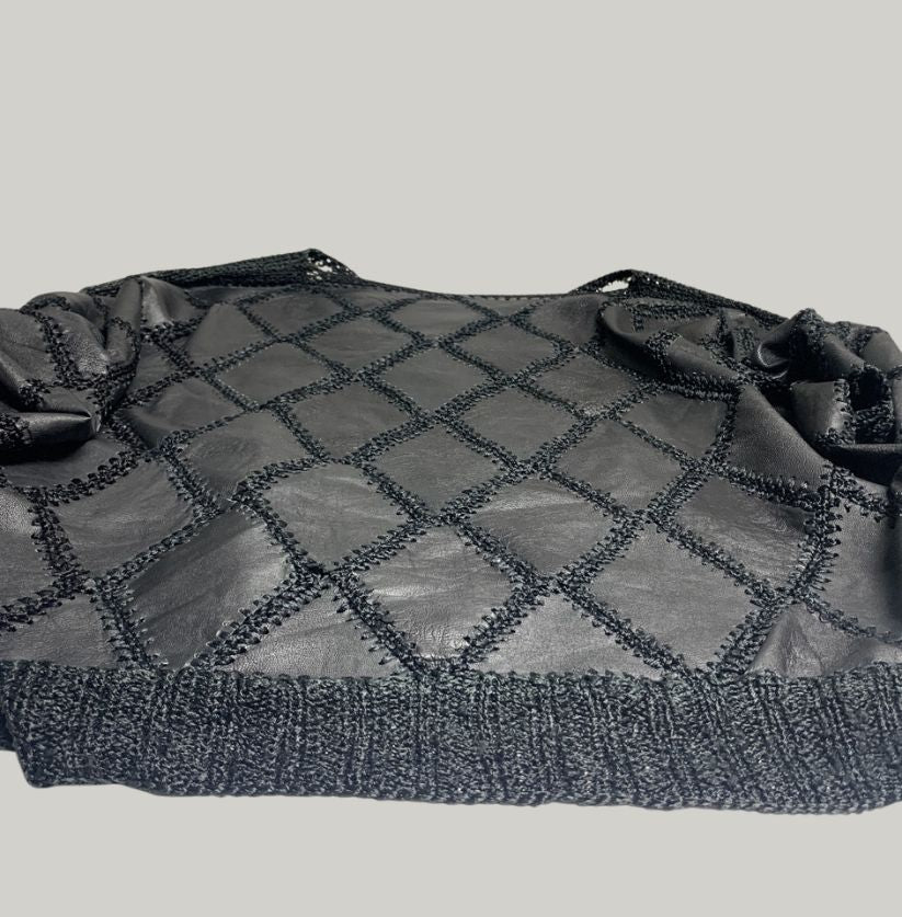 Black and White Leather Patchwork Argyle Sweater