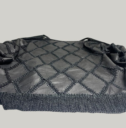 Black and White Leather Patchwork Argyle Sweater