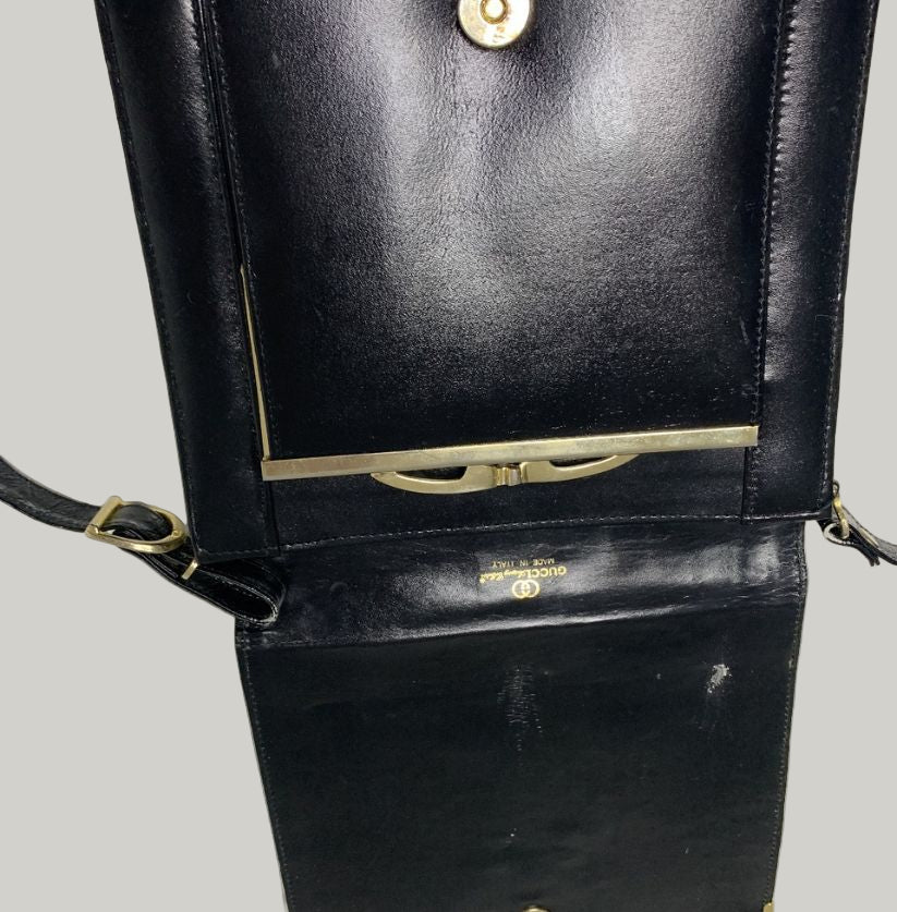 Gucci Black Leather Handbag with Red & Green Web Stripe