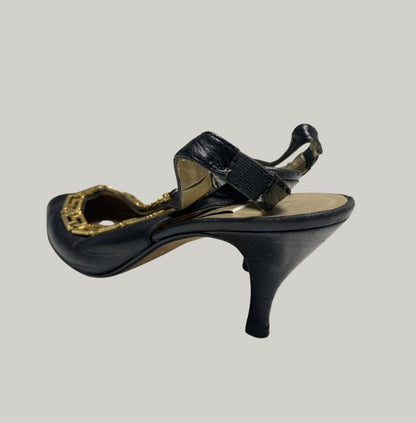 Gianni Versace Black Leather & Gold Medusa Slingback Heels