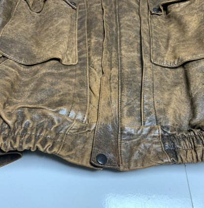 90s Distressed Brown Real Leather Bomber Jacket