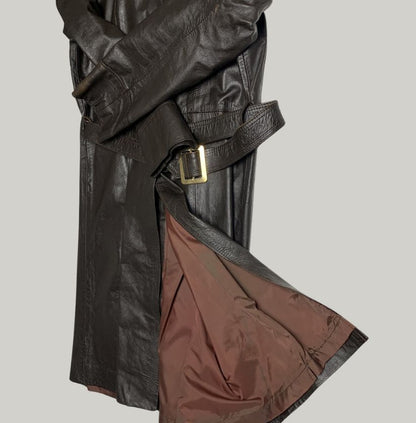 Vintage Dark Brown Real Leather Trench Coat